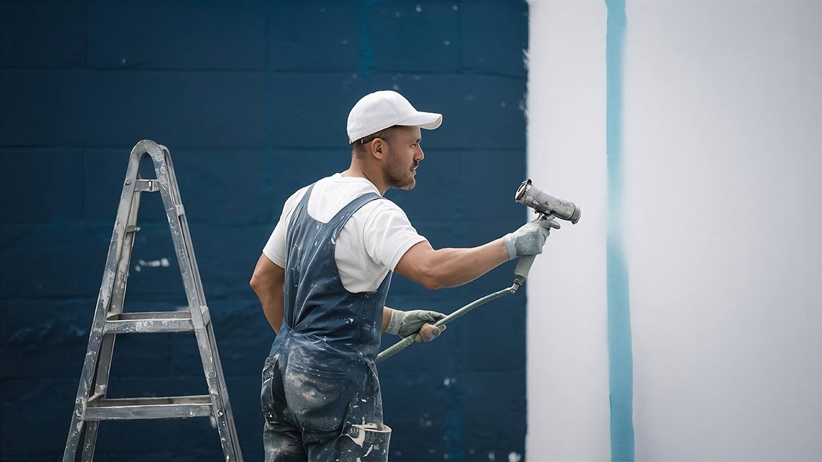 worker painting wall with spray gun white color 1200